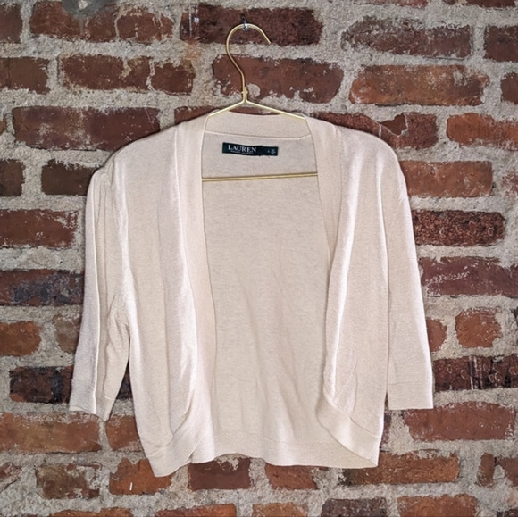 Lauren Ralph Lauren Large‎ Ivory Cropped Open Front Elbow Sleeve Cardigan - Picture 1 of 7